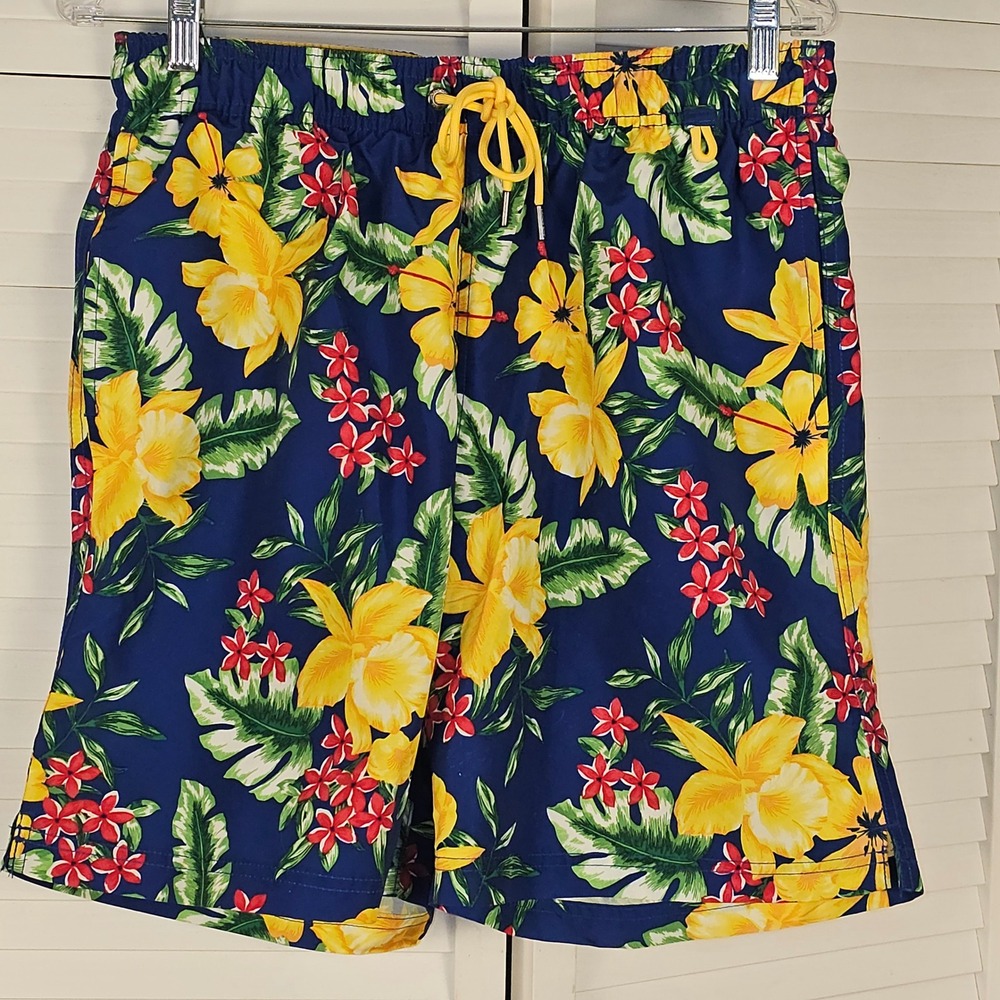 Lands End Mens Navy Hawaiian Floral Swim‎ Shorts Trunks Medium 32-34